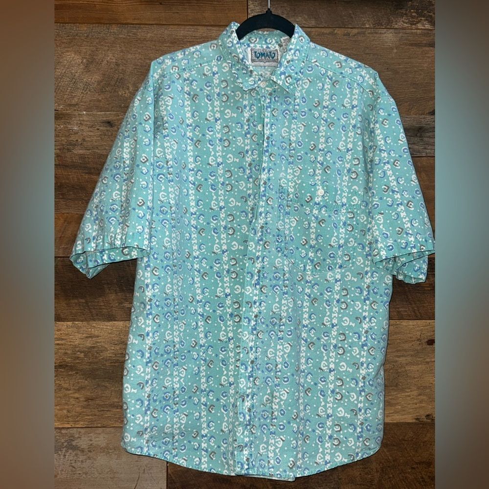 Tomato tribal-water print Aqua Blue Men's Button down short sleeve sz M EUC